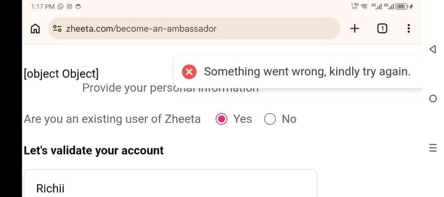 Zheeta ambassador form showing a raw '[object Object]' rendering bug