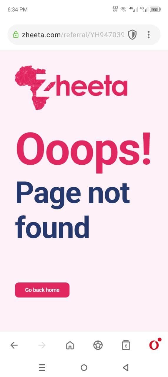 Zheeta referral link resolving to a broken 'Page not found' screen
