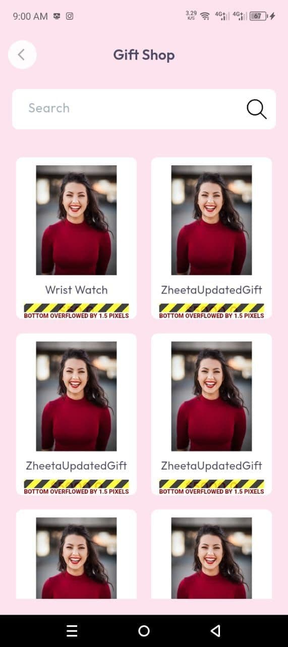 Zheeta Gift Shop screen with repeated overflow defects annotated