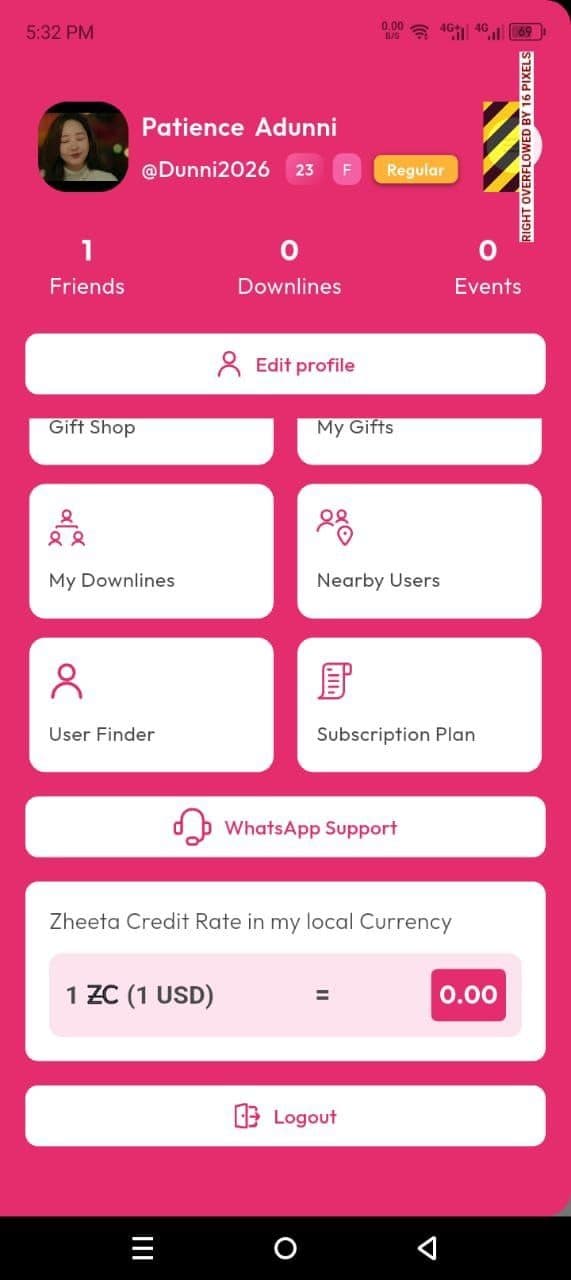 Zheeta profile screen with a UI overflow defect annotated