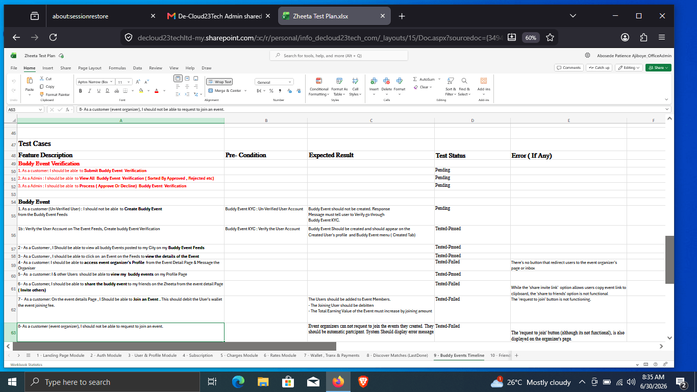 Excerpt of Patience's Zheeta test plan with structured test cases