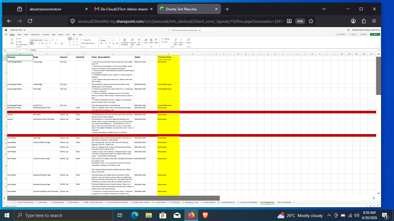 Excerpt of Patience's Zheeta error management log
